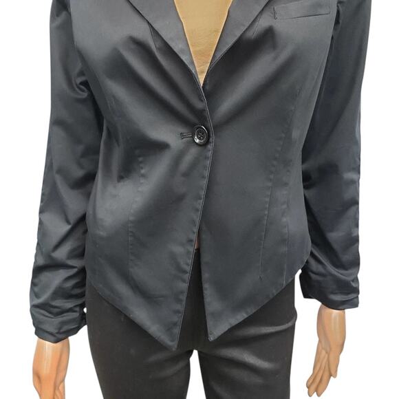 Michael Kors Blazer Jacket Women 4 Angled Hem Ruched Sleeves Lined Black Cotton - Picture 4 of 12